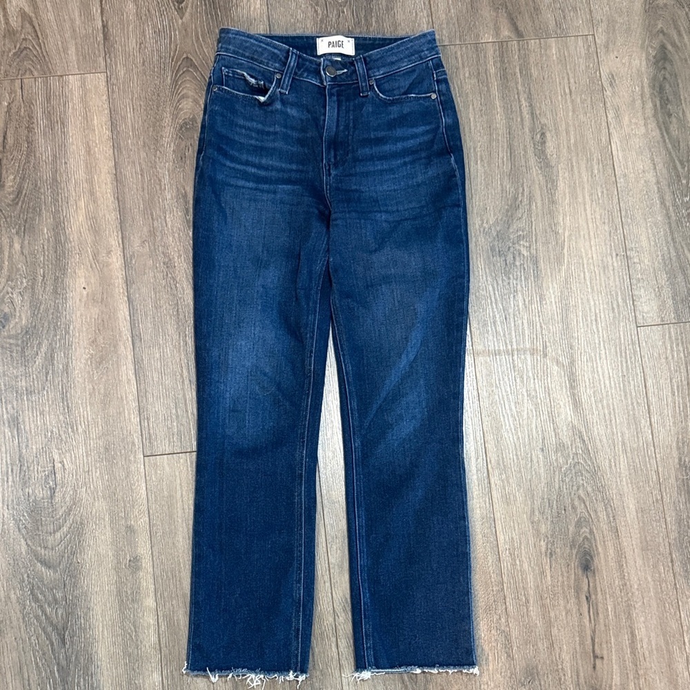 PAIGE Indigo Straight Leg Jeans with Frayed Hem